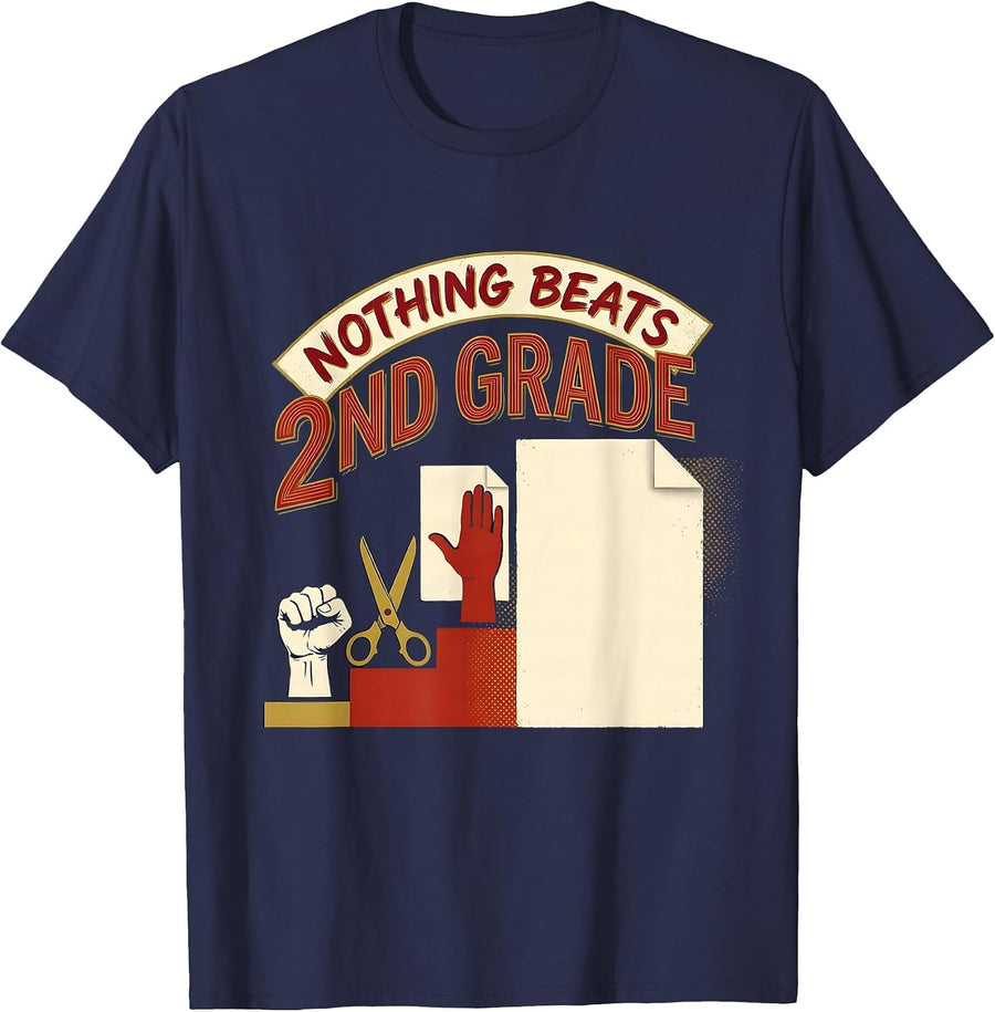 Nothing Beats 2nd Grade Back to School Rock Paper Scissors T-Shirt - Navy Blue