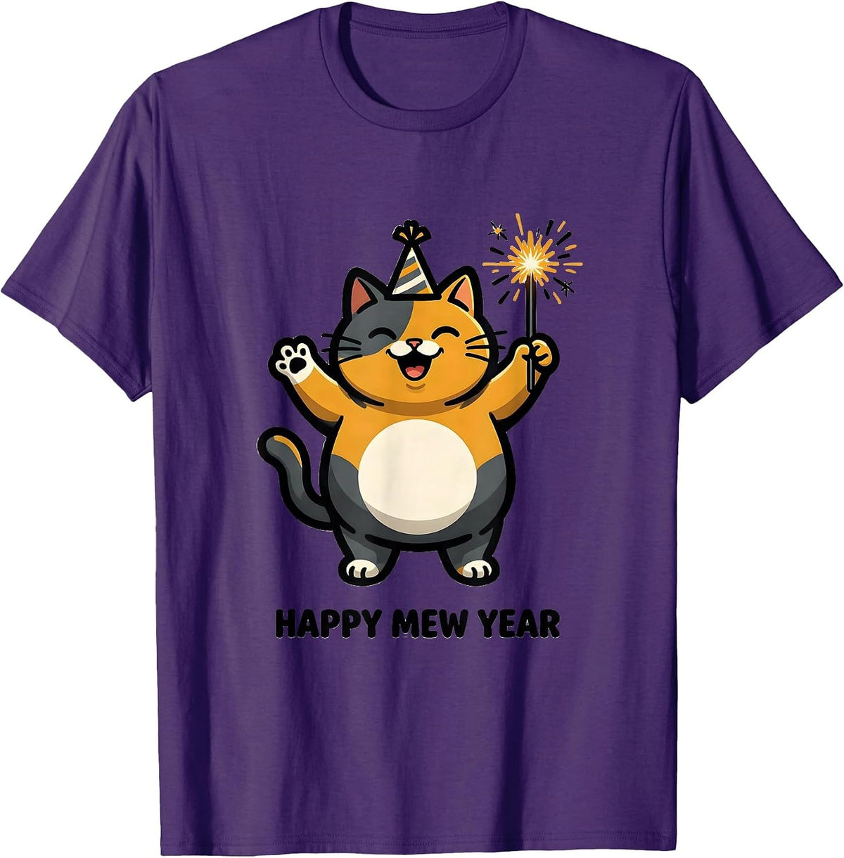 Happy Mew Year Funny Cat Lover Cartoon New Year Humor T-Shirt - Purple