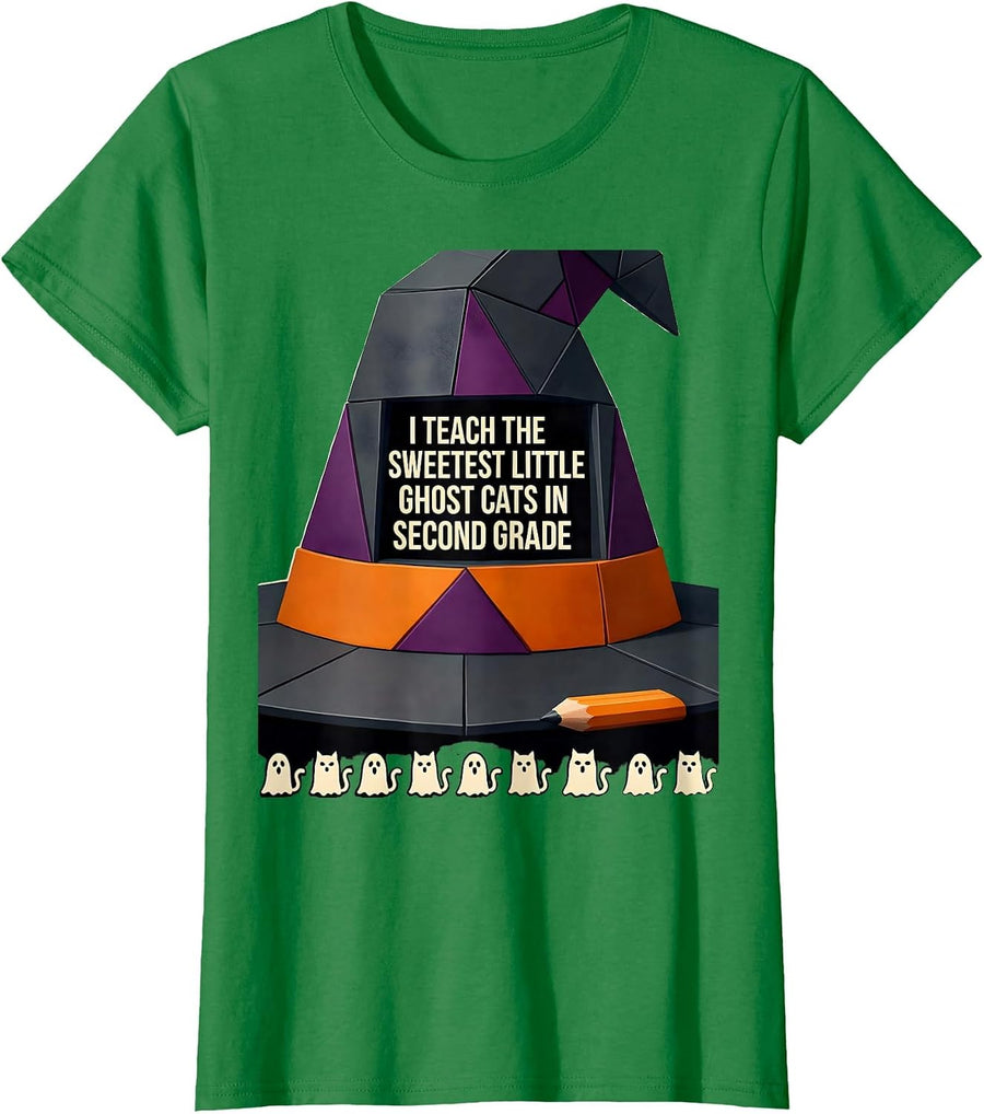 Women's I Teach The Sweetest Little Ghost Cats In Second Grade T-Shirt - Kelly Green