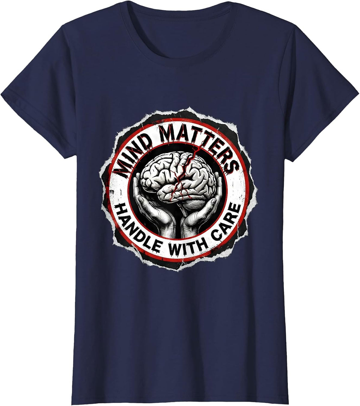 Women's Mind Matters Handle With Care Mental Health Design T-Shirt - Navy Blue