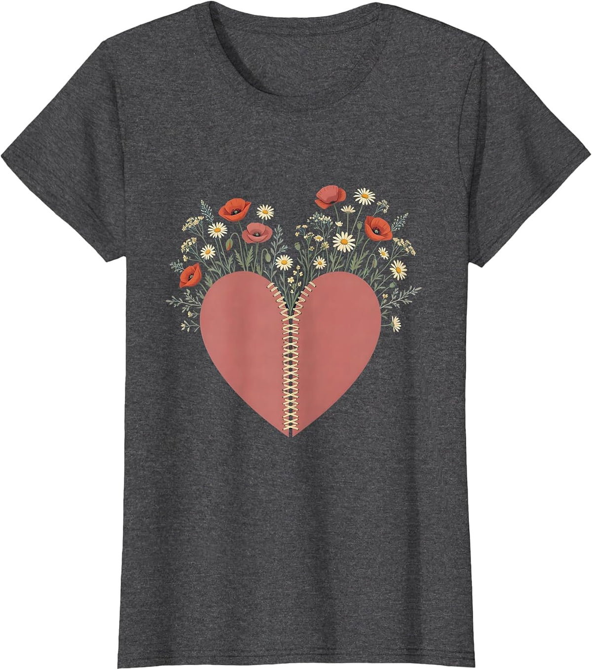 Women's Mental Health Matters Heart Wildflower Illustration T-Shirt - Dark Heather Grey