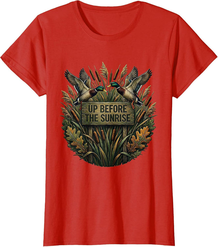 Women's Duck Camo Up Before the Sunrise Hunting Design T-Shirt - Red