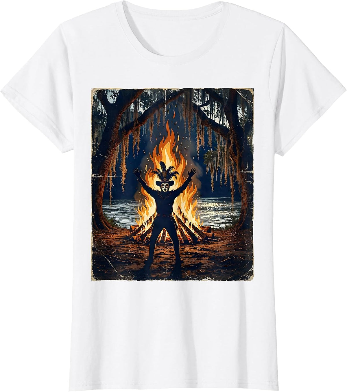 Mardi Gras Reveler Bonfire Riverbank Silhouette T-Shirt - White