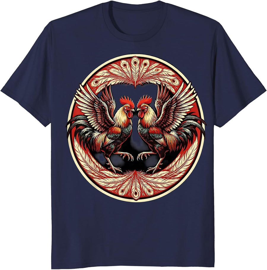 Mexican Fighting Roosters Cockfight Illustration T-Shirt - Navy Blue