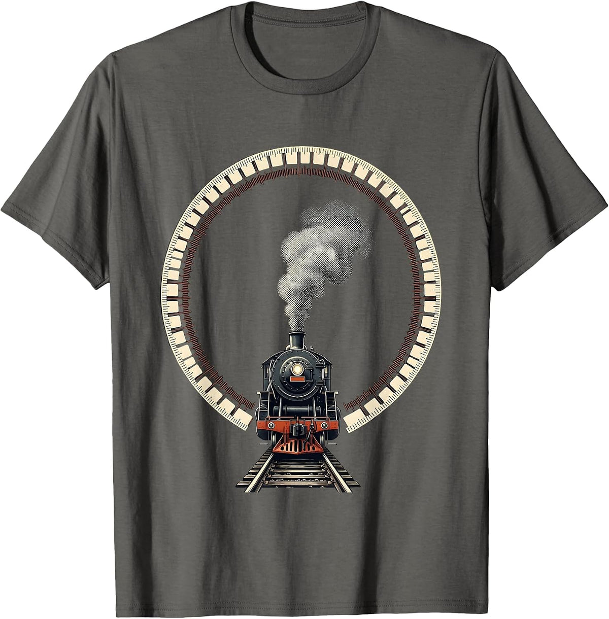 Men's Steam Locomotive Ring Train Enthusiast Railroad History T-Shirt - Asphalt Grey