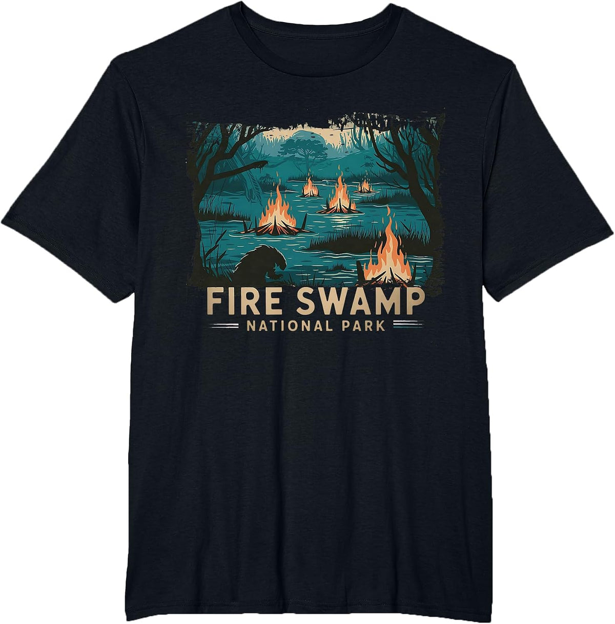 Retro Fire Swamp National Park Camping Hiking Mountain T-Shirt - Black