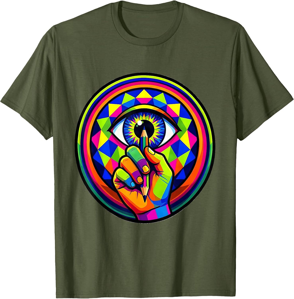 Art Teacher Geometric Eye Drawing Illustration T-Shirt - Olive Green