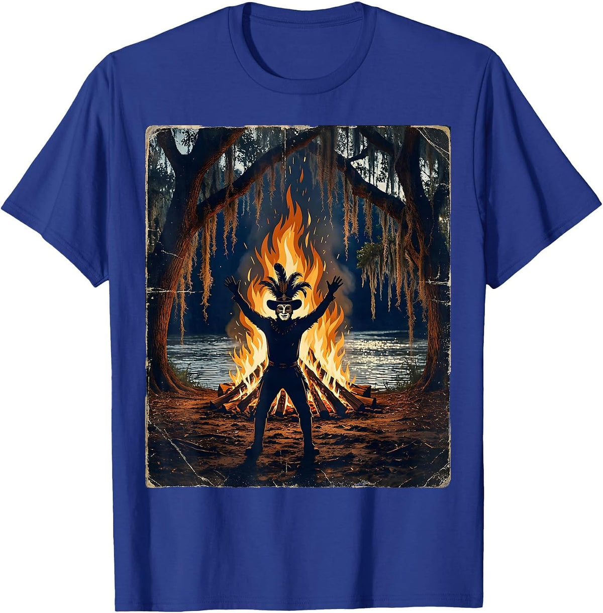 Mardi Gras Reveler Bonfire Riverbank Silhouette T-Shirt - Royal Blue