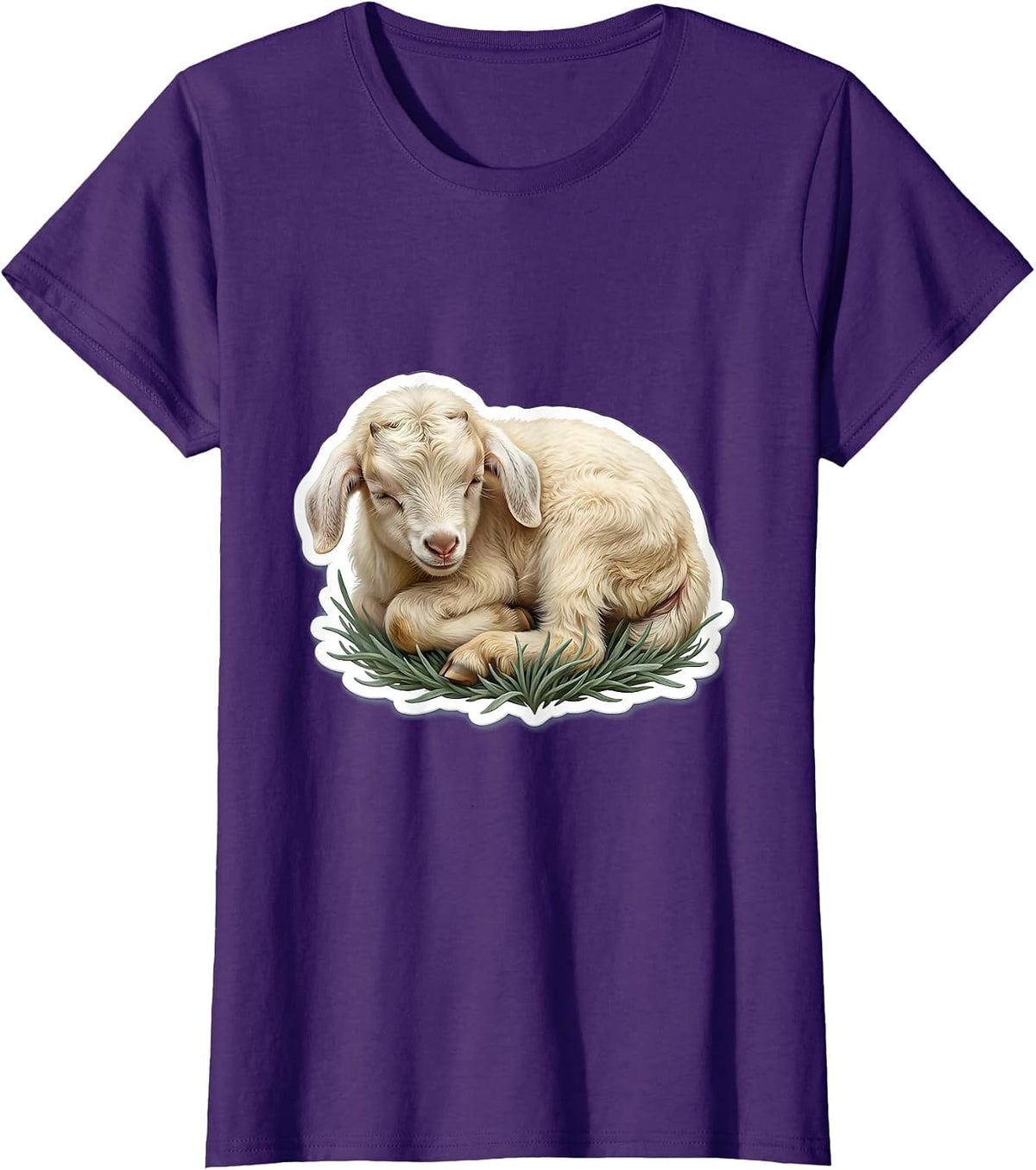 Women's Sleeping Baby Goat Curled Up in Grass T-Shirt - Purple
