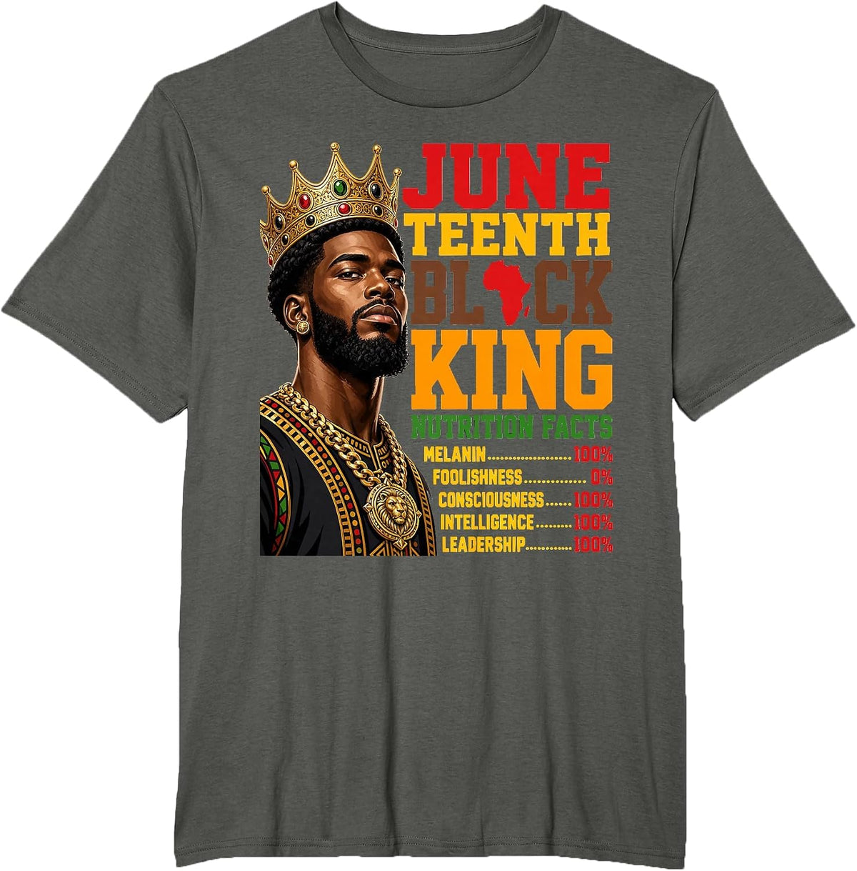 Juneteenth Black King Nutrition Facts Crown Design T-Shirt - Asphalt Grey