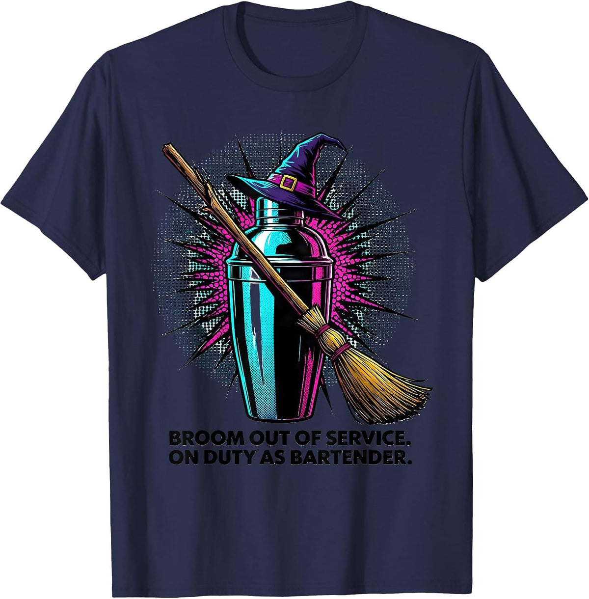 Broom Out Of Service On Duty As Bartender Funny T-Shirt - Navy Blue