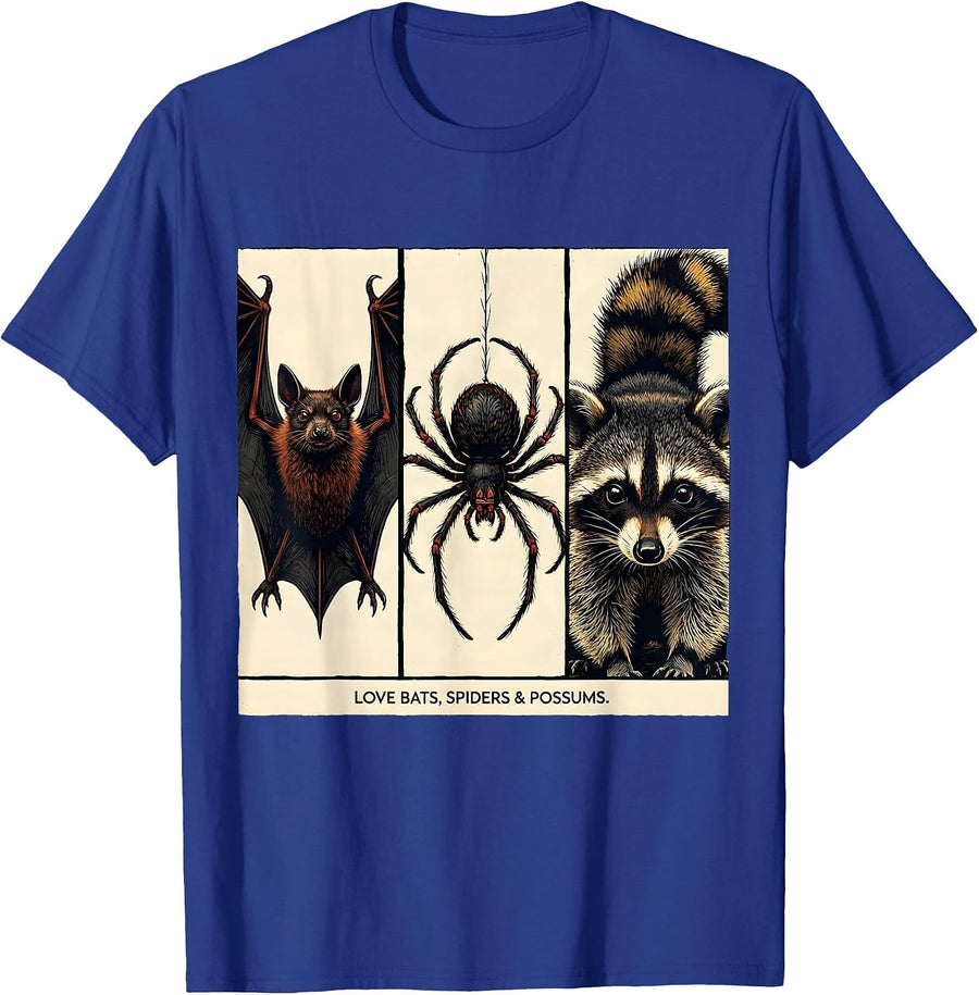 Love Bats, Spiders & Possums Linocut Nature Lover Whimsical T-Shirt - Royal Blue