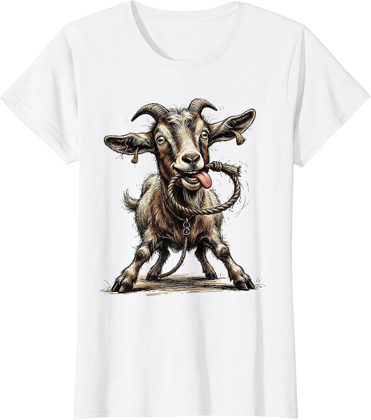 Derpy Goat Eating Its Own Leash Funny Animal T-Shirt - White