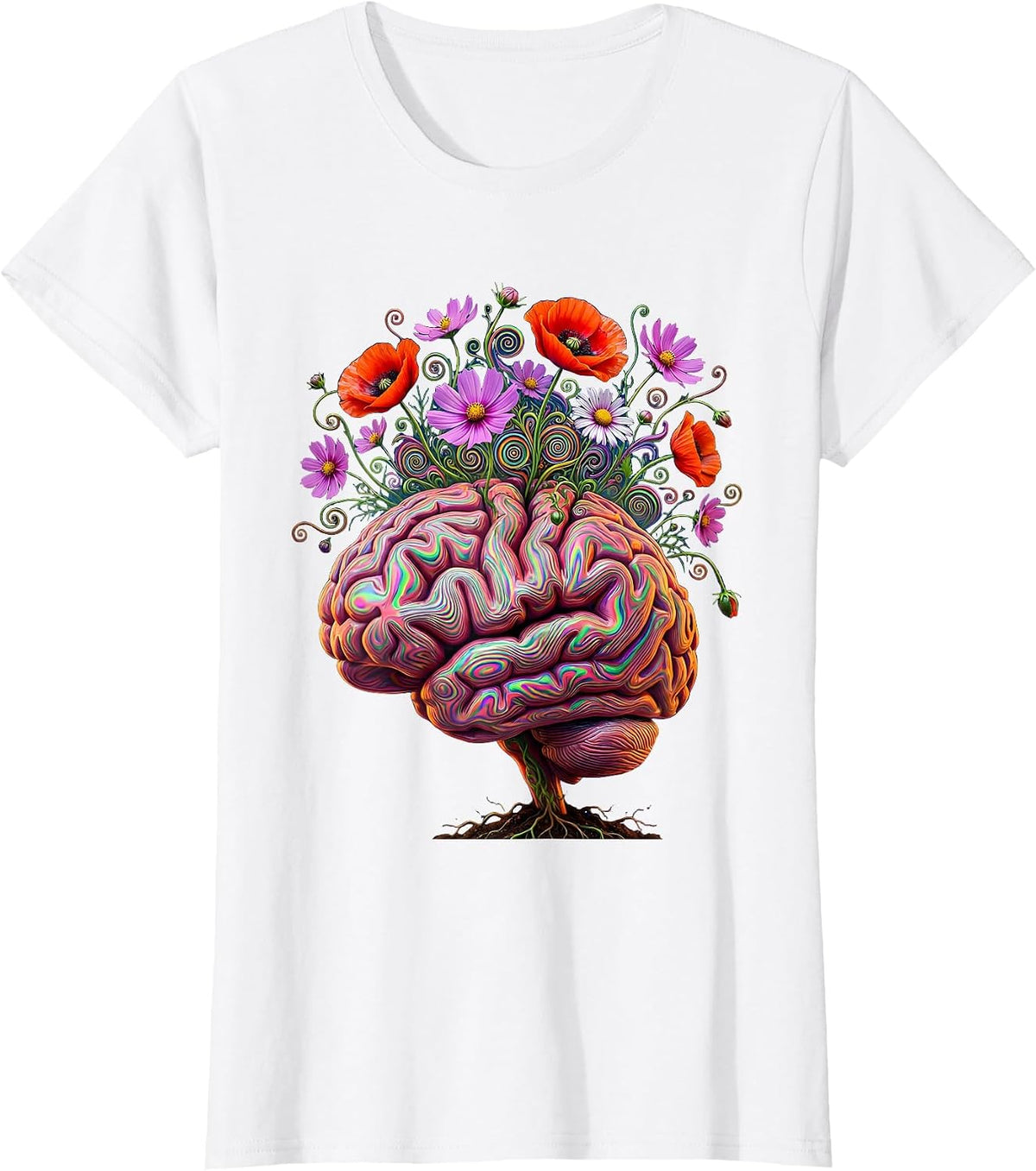 Women's Blooming Brain Wildflower Neurodiversity Art T-Shirt - White