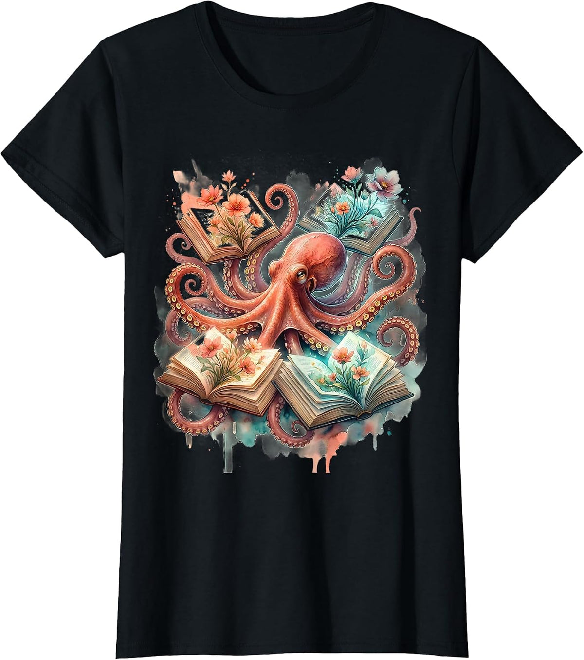 Neurodiversity Octopus Reading Books Illustration T-Shirt - Black