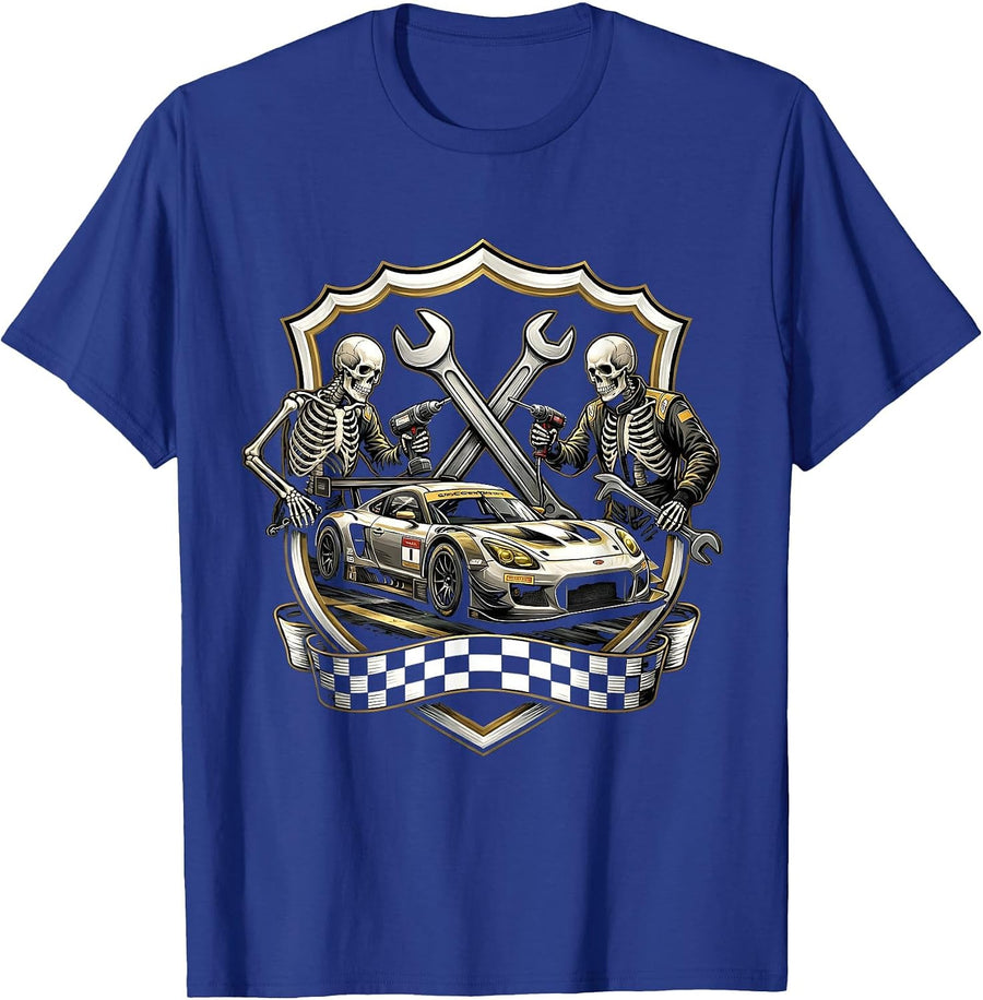 Race Car Skeleton Crew Pit Stop Graphic Tee T-Shirt - Royal Blue