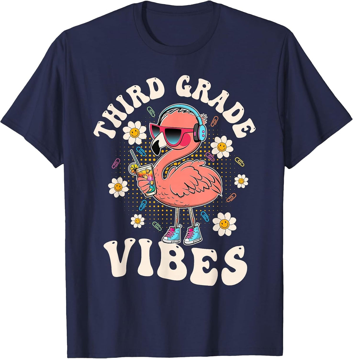 Flamingo Back to School Third Grade Vibes Teacher 3rd Grade T-Shirt - Navy Blue