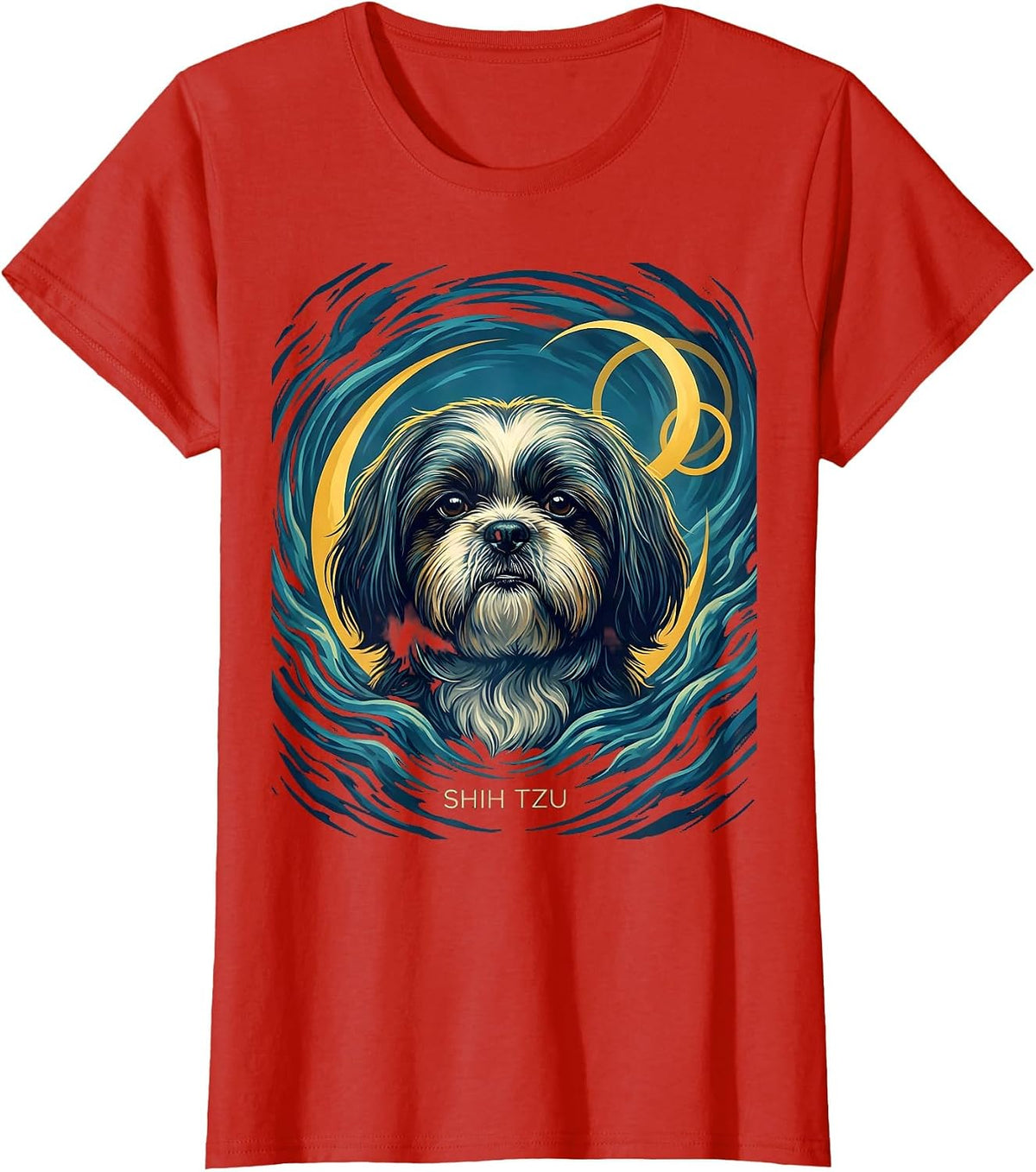 SHIH TZU Van Gogh Style Starry Night Dog Breed Portrait T-Shirt - Red