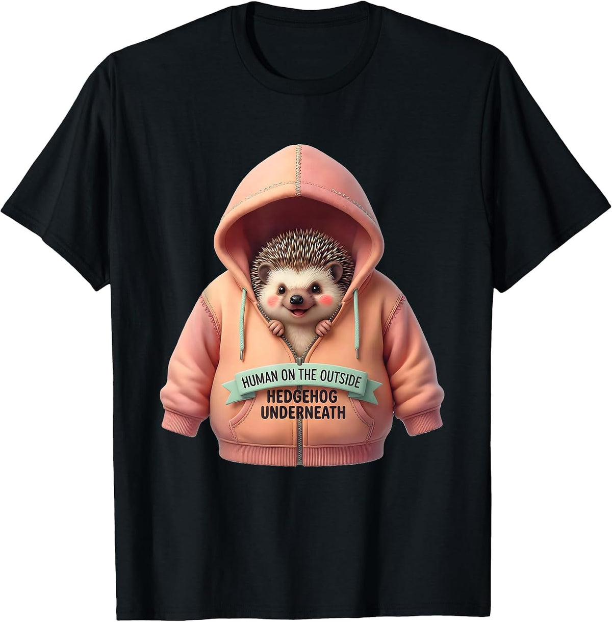 Men's Human On The Outside, Hedgehog Underneath Cute Kawaii T-Shirt - Black