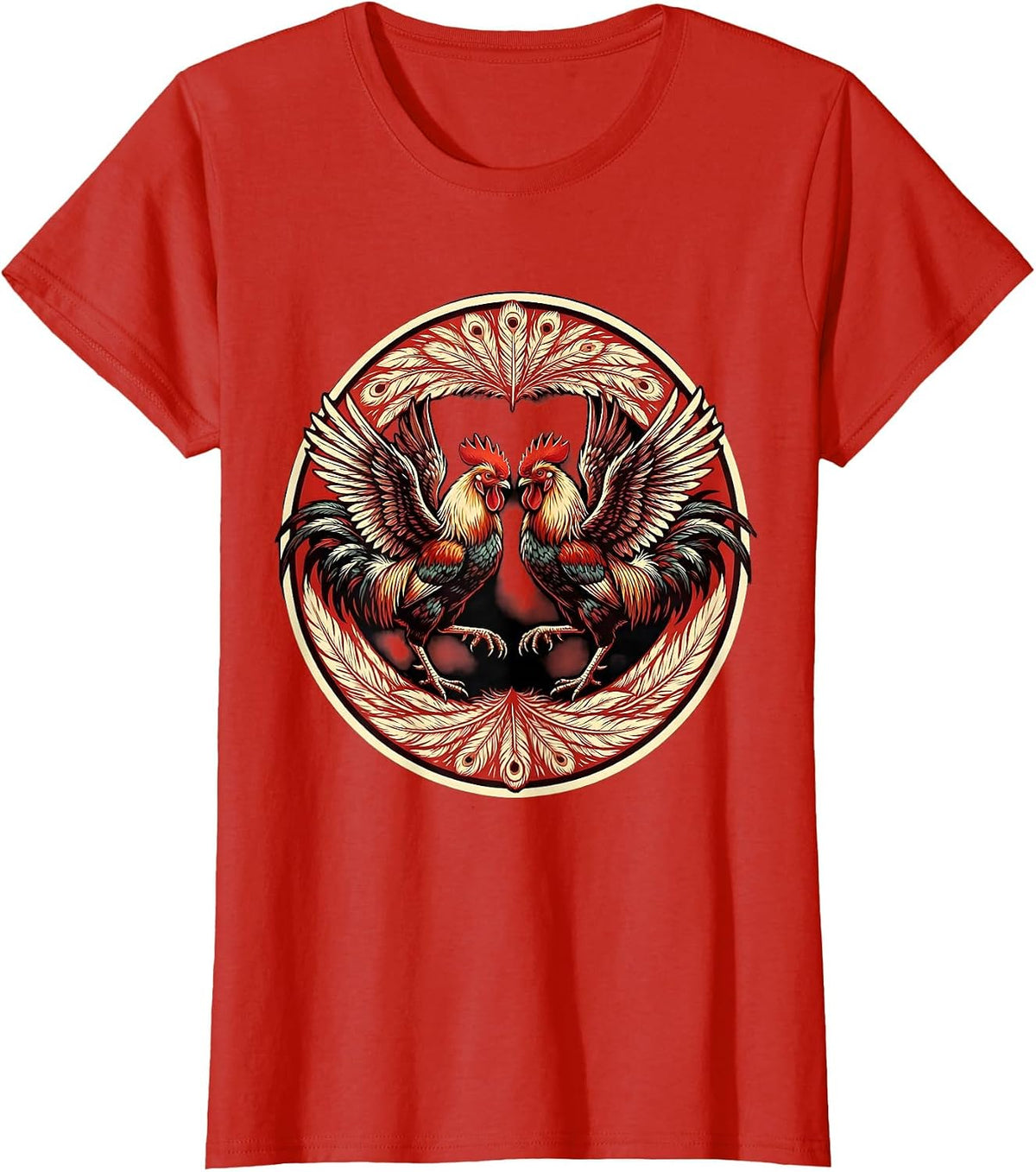 Mexican Fighting Roosters Cockfight Illustration T-Shirt - Red