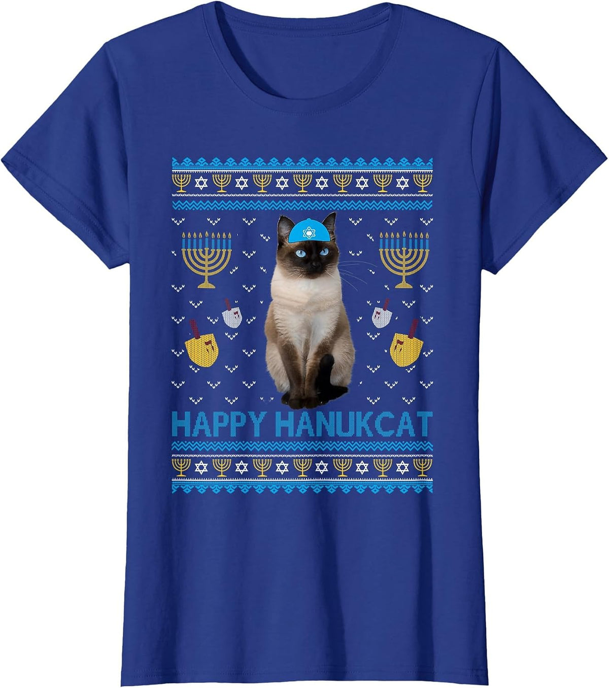Cute Happy Hanukcat Jewish Siamese Cat Ugly Hanukkah Sweater T-Shirt - Royal Blue