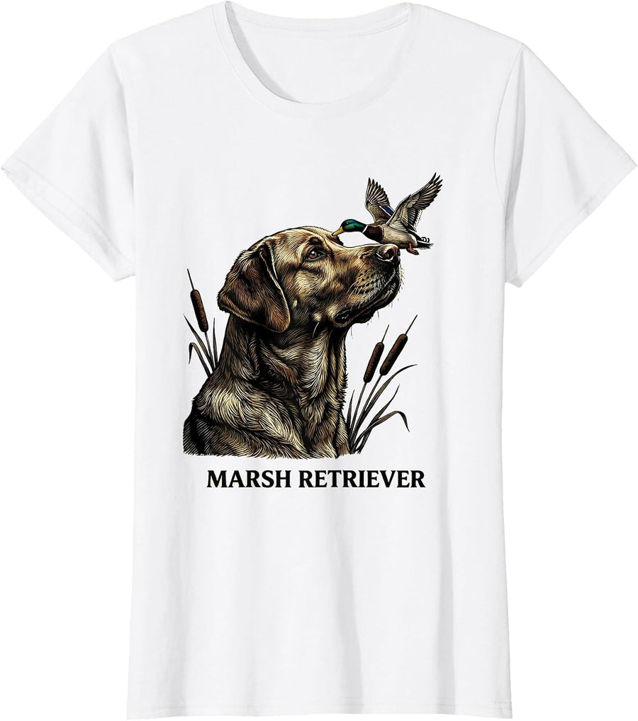 Women's Marsh Retriever Woodcut Engraving Labrador Duck Hunting T-Shirt - White