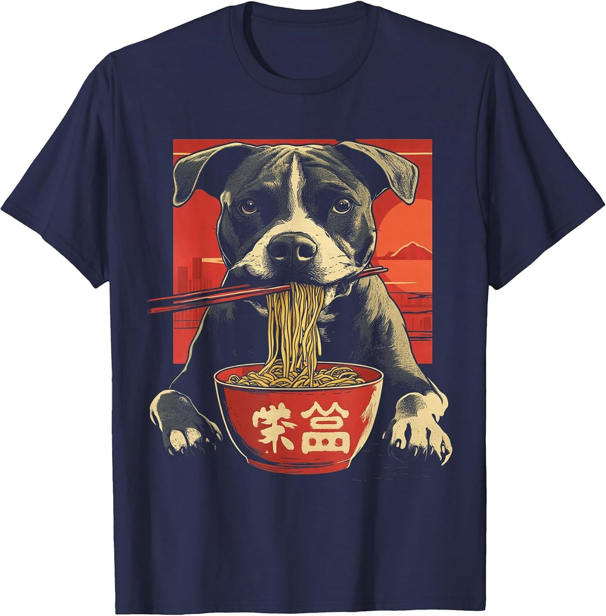 Pitbull Funny Dog Eating Ramen Noodles T-Shirt - Navy Blue