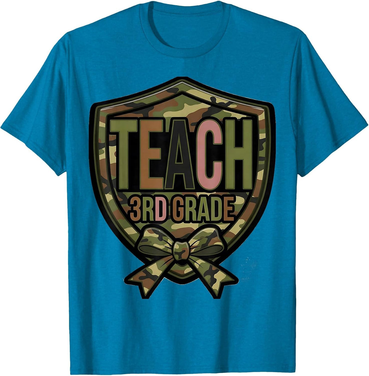 Teach 3rd Grade Camo Teacher Bow Trendy Fashion T-Shirt - Sapphire Blue