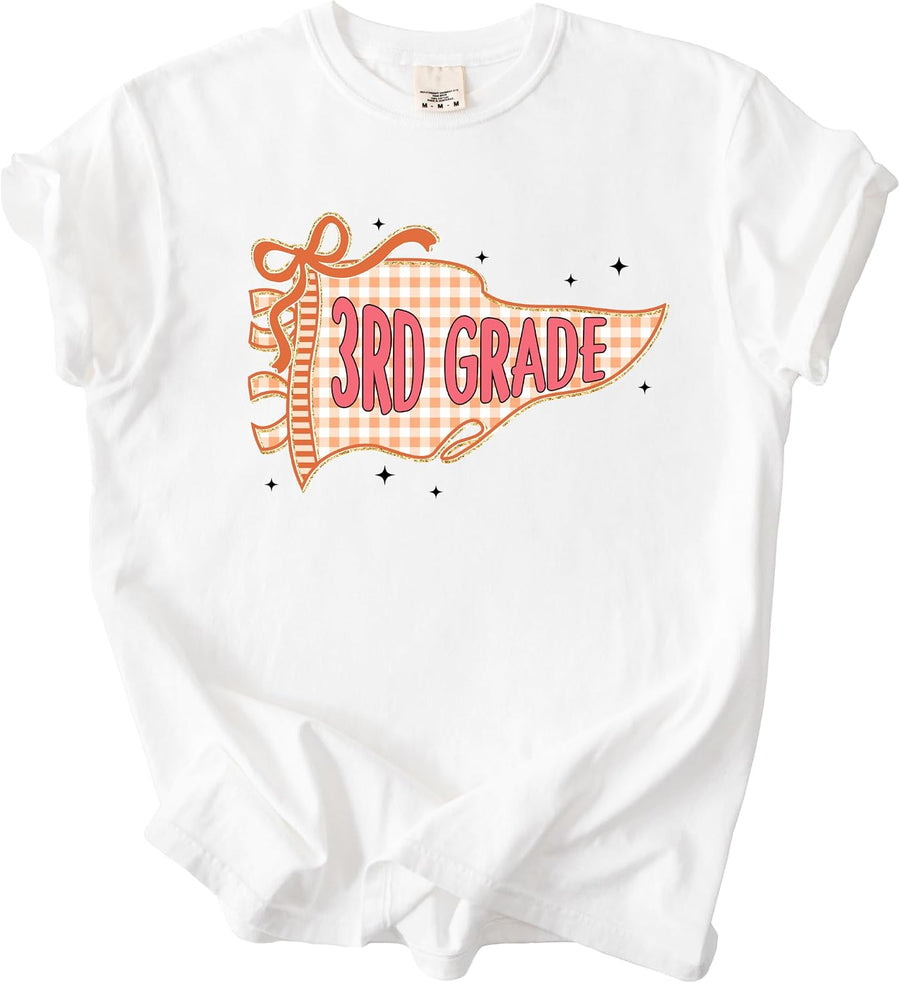 Third Grade Pennant T Shirt, Retro Gingham Back to School Graphic Tee, First Day of Class Shirt for Teachers and - ADULT