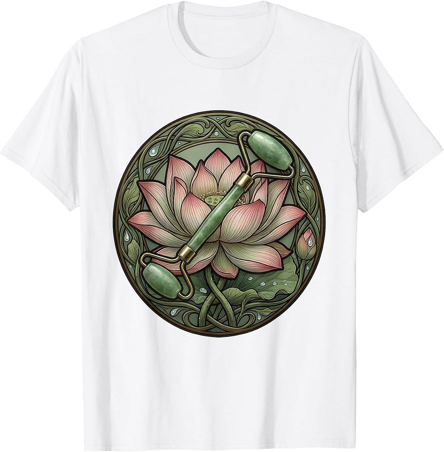 K-Beauty Jade Roller Lotus Flower Skincare Art T-Shirt - White