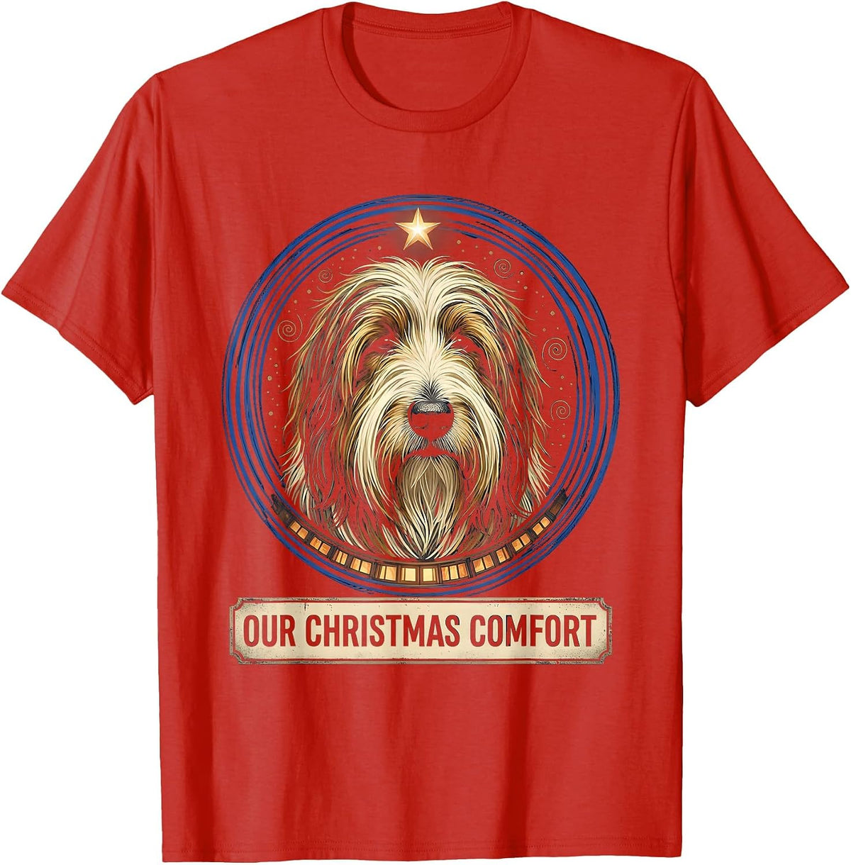 Men's Our Christmas Comfort Vintage Old English Sheepdog Portrait T-Shirt - Red