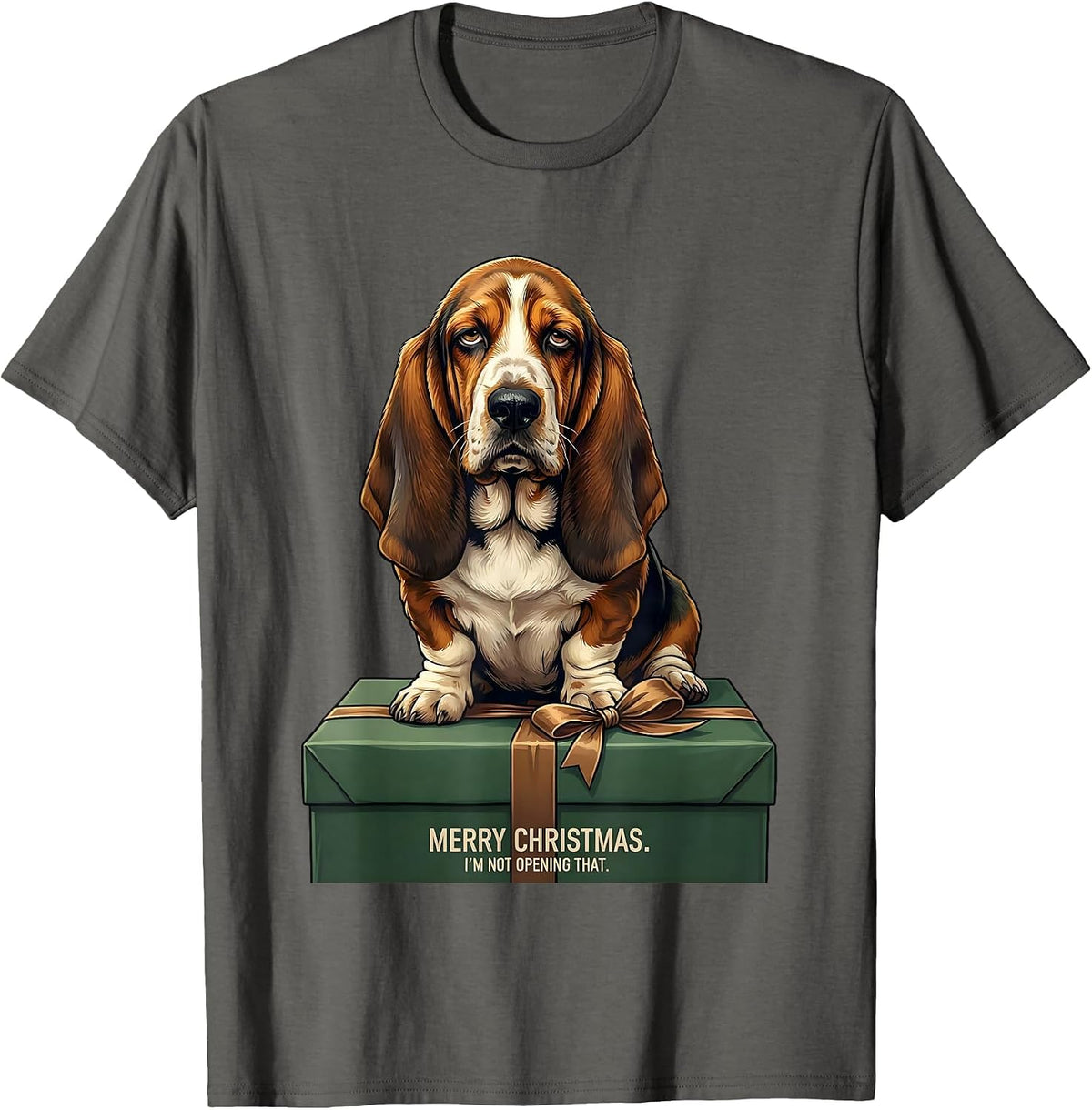 Men's Merry Christmas I'm Not Opening That Funny Basset Hound Dog T-Shirt - Asphalt Grey