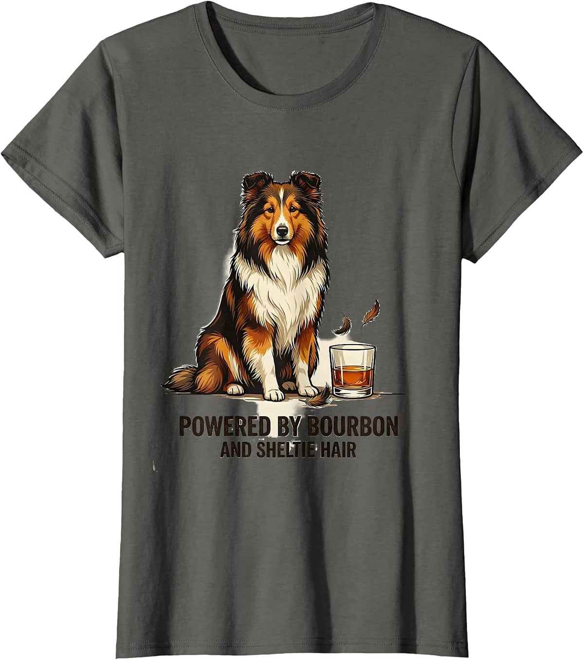 Women's Powered By Bourbon And Sheltie Hair Vintage Dog Owner Coffee T-Shirt - Asphalt Grey