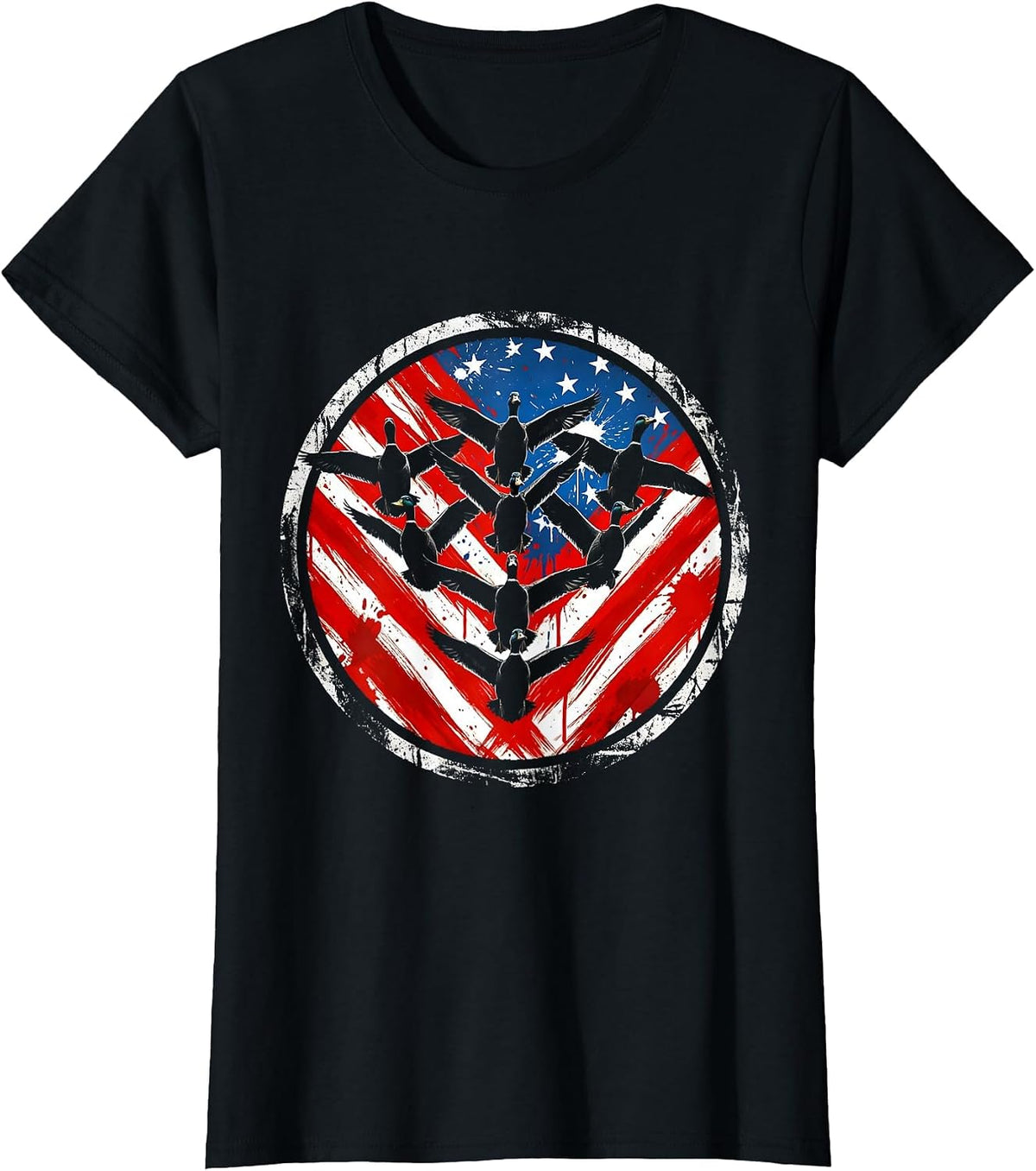Duck Camo Flock in V-Formation Hunting Design T-Shirt - Black