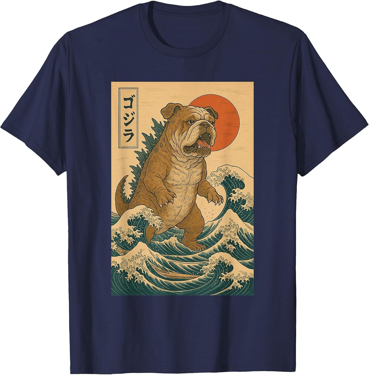 English Bulldog The Great Wave Off Kanagawa T-Shirt - Navy Blue