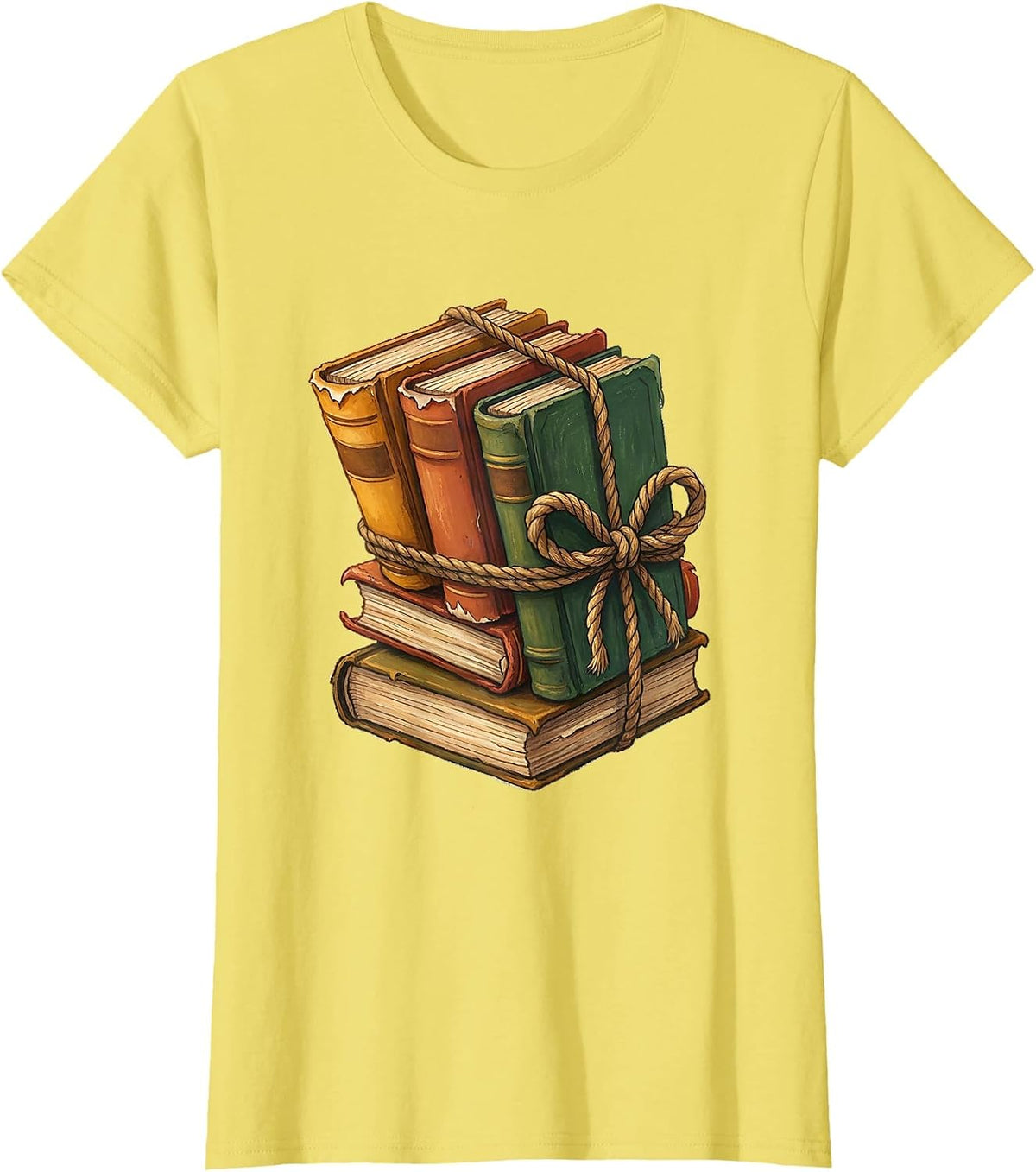 Stack of Books Tied With Rope Illustration T-Shirt - Lemon Yellow