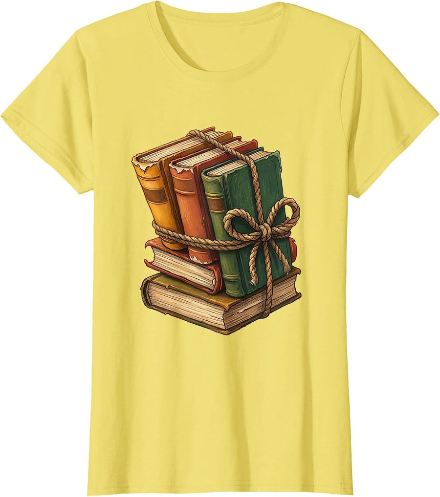 Stack of Books Tied With Rope Illustration T-Shirt - Lemon Yellow