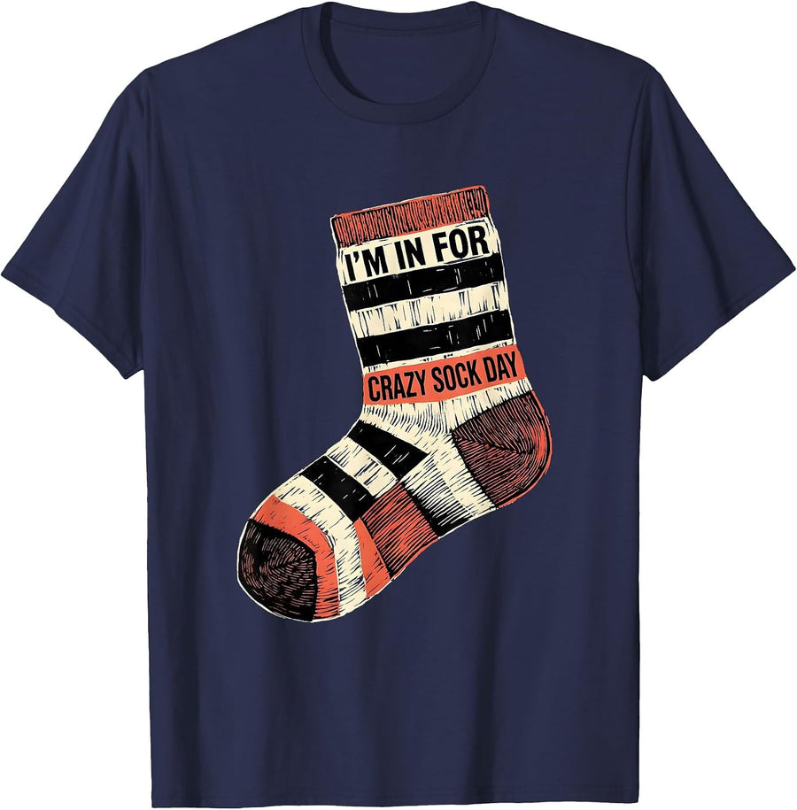 I'm In For Crazy Sock Day Linocut School Spirit Week Novelty T-Shirt - Navy Blue