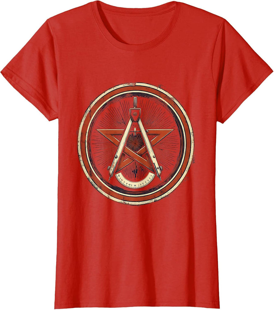 Women's Red Teacher Compass Protractor Geometric Star T-Shirt - Red