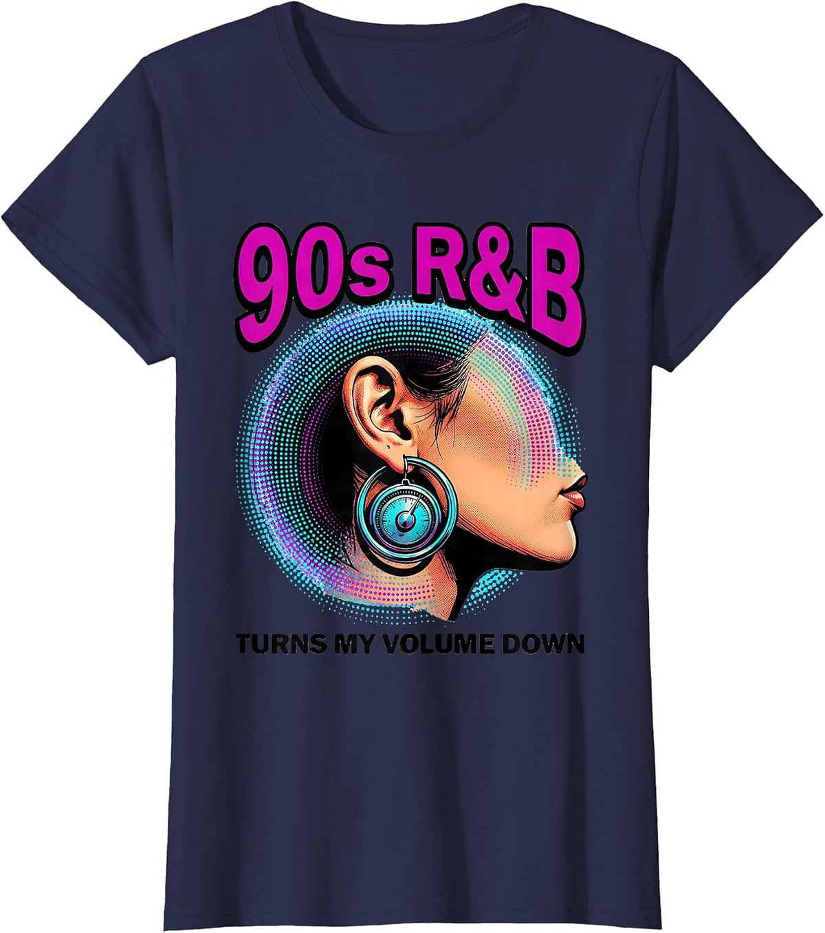 Women's 90s R&B Turns My Volume Down Pop Art Music Fan Nostalgia T-Shirt - Navy Blue