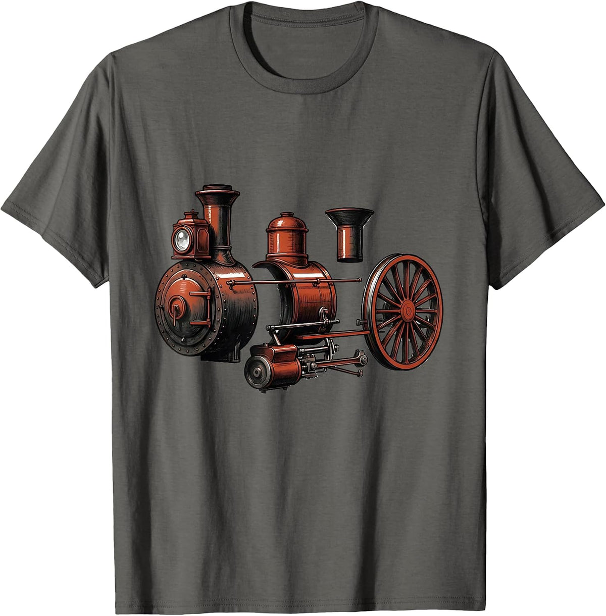 Men's Steam Locomotive Exploded View Train Enthusiast Gift T-Shirt - Asphalt Grey
