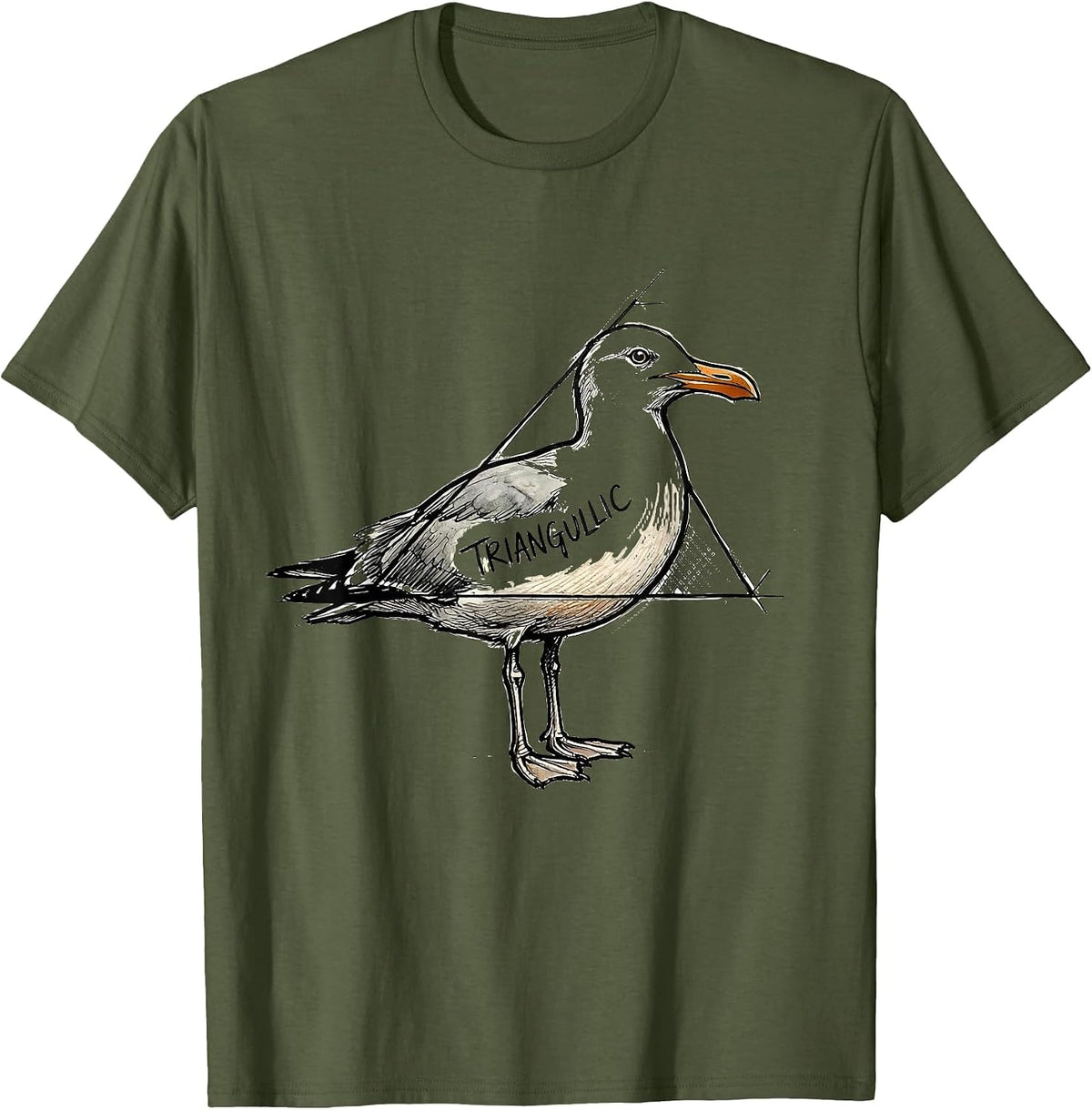 Triangullic Hand-Sketched Bird Pun Funny Math Teacher Humor T-Shirt - Olive Green