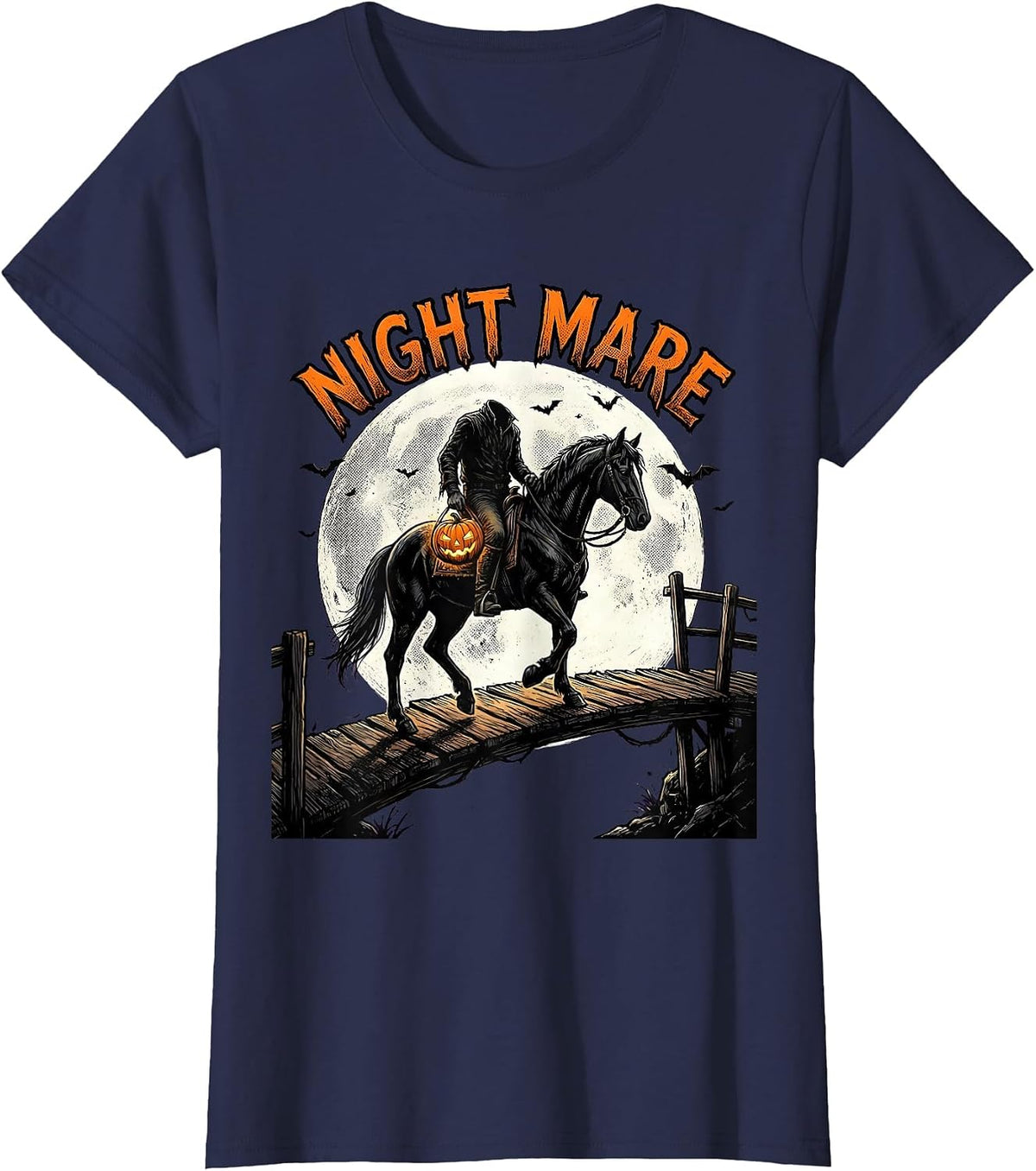 Women's Night Mare Comic Book Spooky Halloween Horse Lover T-Shirt - Navy Blue