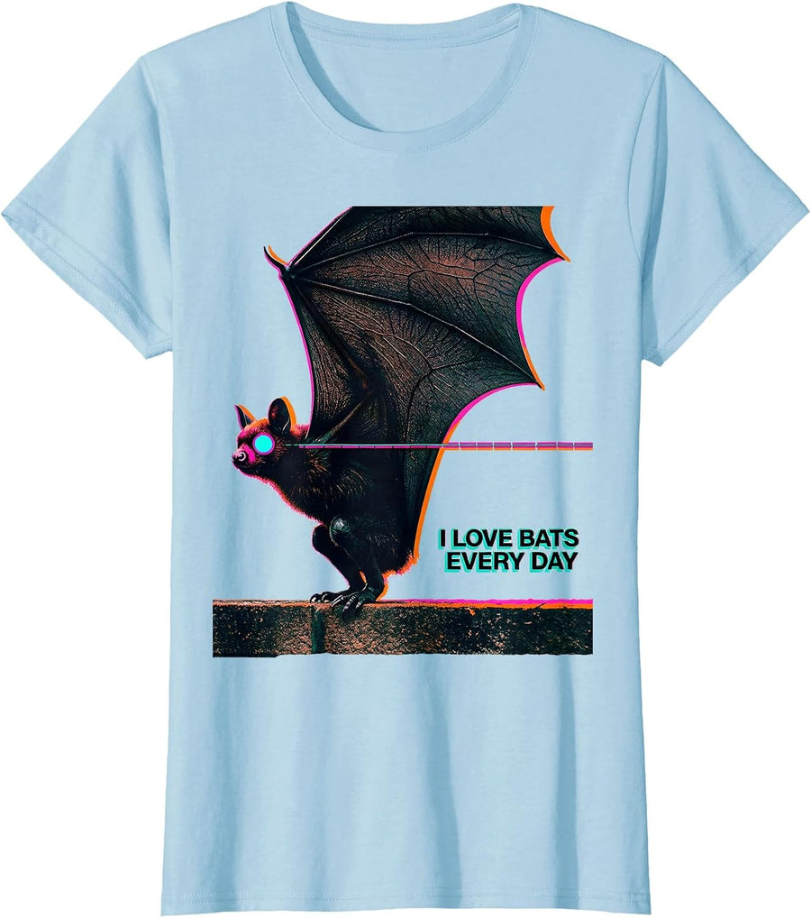 Women's I Love Bats Every Day Vintage Bat Lover Halloween Nature T-Shirt - Baby Blue