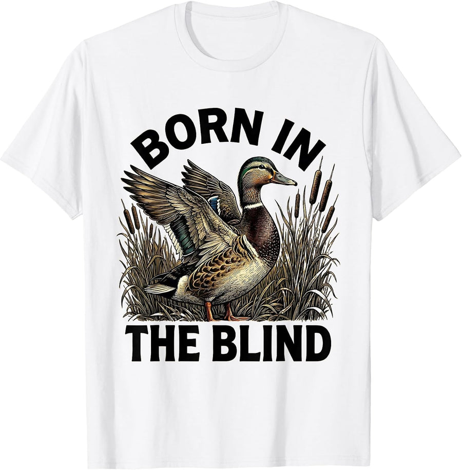 Men's Born in the Blind Duck Camo Hunting Design T-Shirt - White