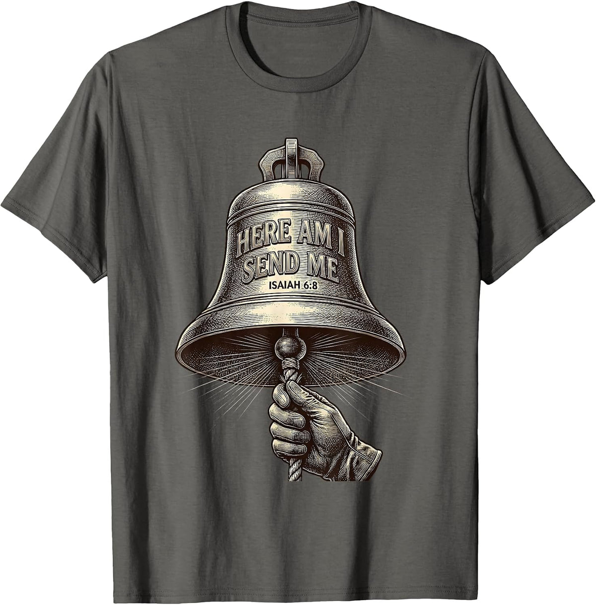 Men's Here Am I Send Me Isaiah 68 Crosshatch Etching Christian T-Shirt - Asphalt Grey