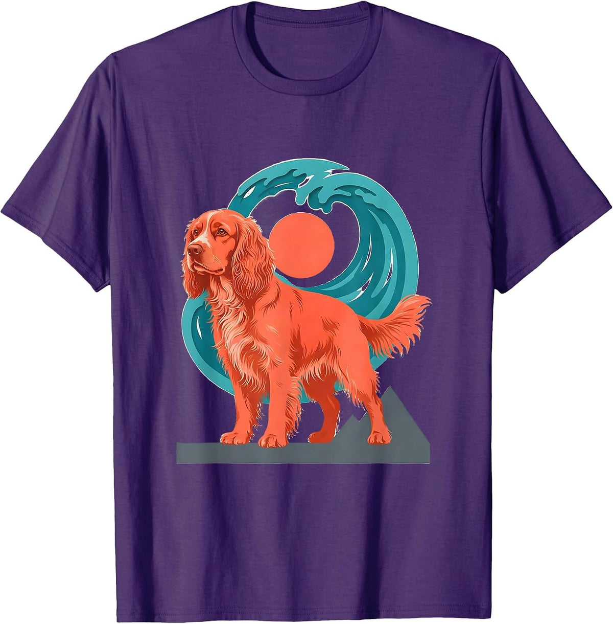 Teal Wave Surfing English Springer Spaniel Flat Vector Dog T-Shirt - Purple