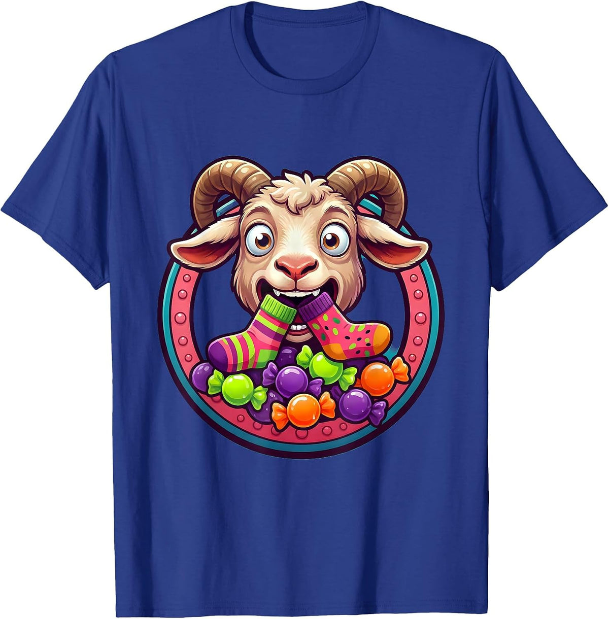 Funny Goat Eating Socks Silly Animal Illustration T-Shirt - Royal Blue