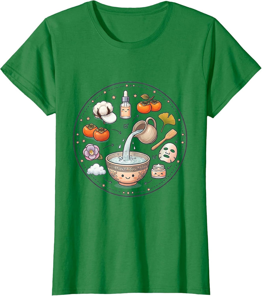 Women's K-Beauty Rice Water Ritual Fall Skincare Art T-Shirt - Kelly Green