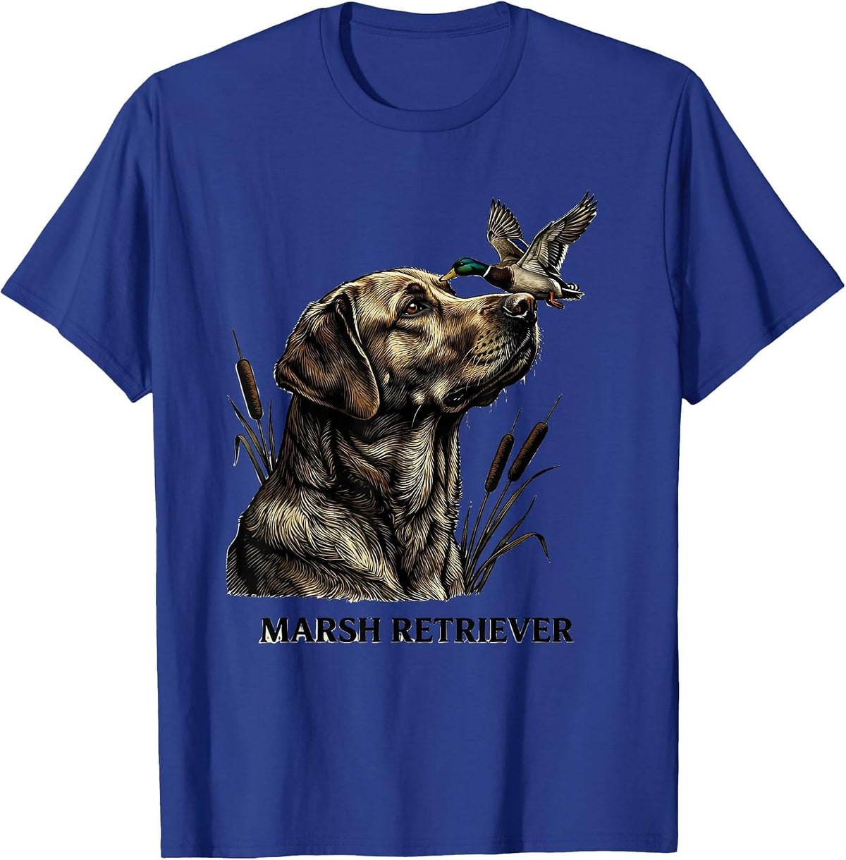 Men's Marsh Retriever Woodcut Engraving Labrador Duck Hunting T-Shirt - Royal Blue